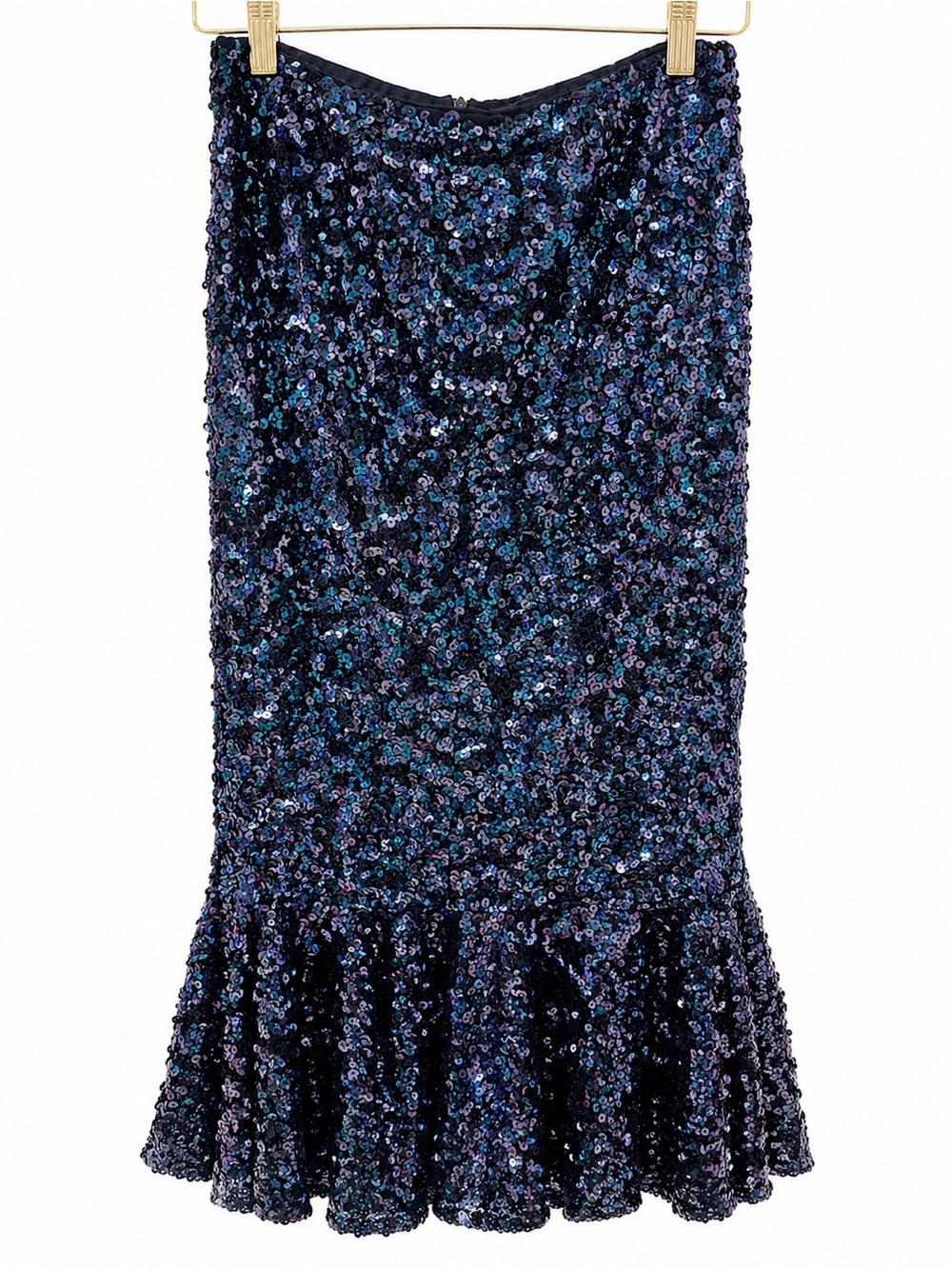 ViVI Navy Blue Sequin Midi Skirt with Flounced Hem